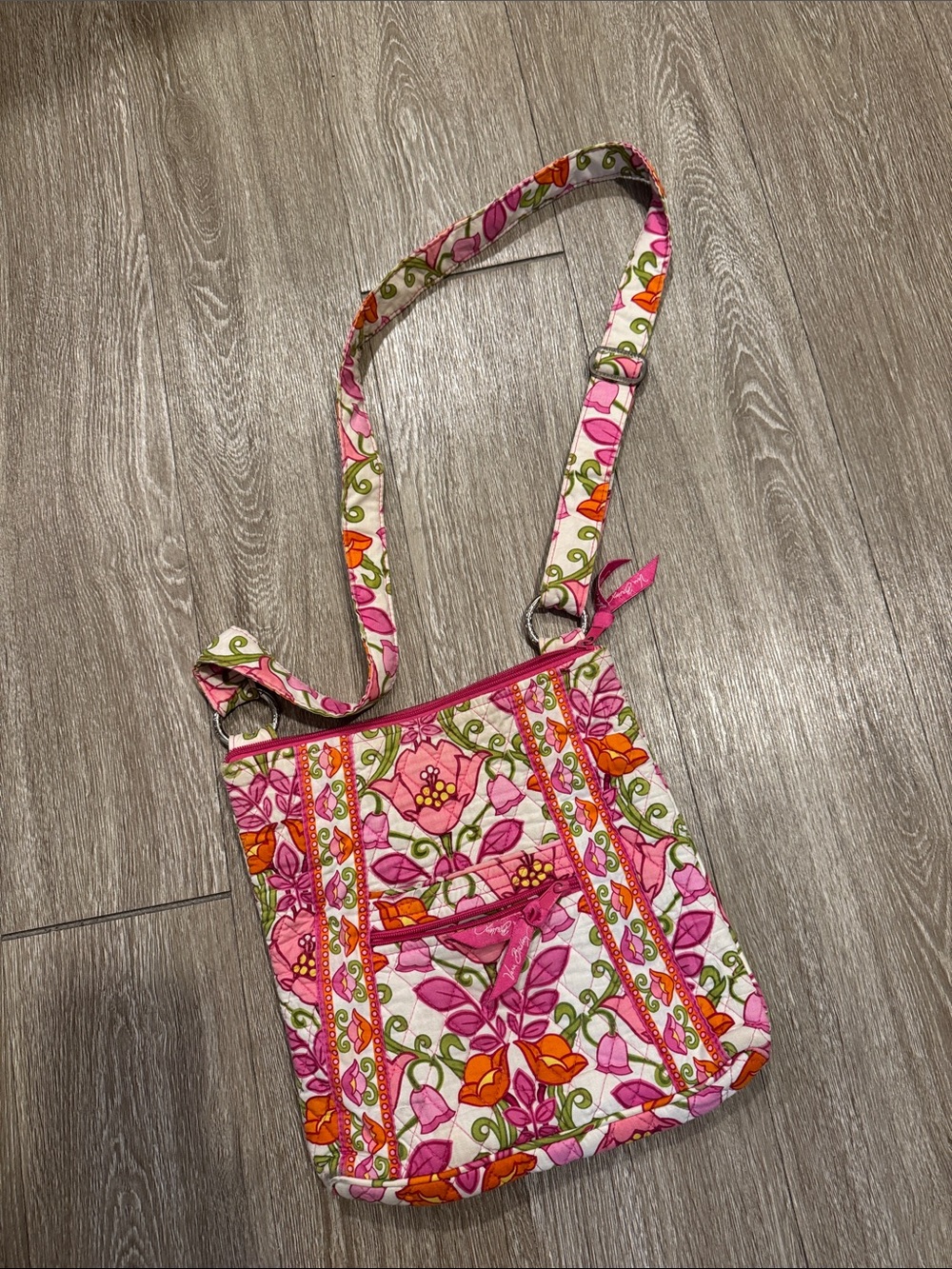 Vera Bradley Pink Floral Quilted Crossbody with Orange & Green Accents